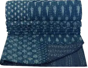 Cobertor de algodão de kantha com design indigo, cobertor reversível, feito à mão, azul, para patchwork, kantha