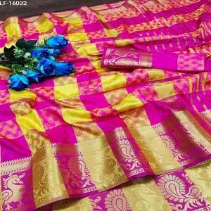 kanchipuram丝绸纱丽与棉绸面料女士派对穿纱丽