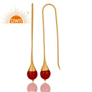 Red <b>Onyx</b> Gemstone <b>Earrings</b> 22k Gold Plated Jewelry 925 Sterling Silver Long Stick <b>Earrings</b> Wholesale - Product Image 2