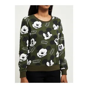 Women Olive Green Meeckey Mouse Printed Cotton Sweatshirt