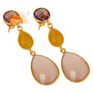 Indian Gold Plated Sterling Silver Bezel Set Drop Earrings Wholesale Amethyst Chalcedony Gemstone Earrings Jewelry - Product Image 2