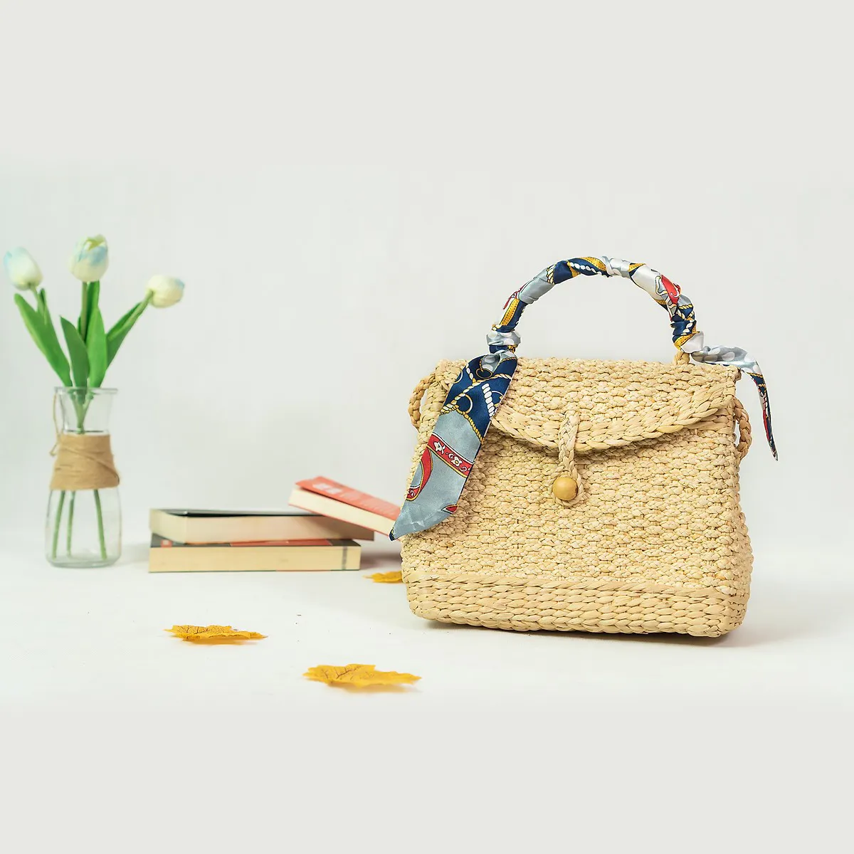 water hyacinth bag and handbags with handle silk decoration