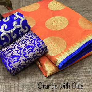 Nouveauté Bollywood Style Banarasi Saree en soie douce avec chemisier non cousu Belle bordure brodée de couleur bleue Moins en Surat Ethnique - Product Image 1