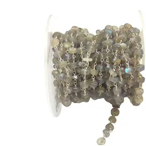 Cuentas de piedras preciosas de labradorita natural, cadena de amuleto de moneda de Rosario con cuentas de piedras preciosas naturales envueltas en alambre plateado
