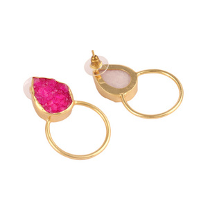 Pendientes de aro con forma de pera para mujer, aretes de aro dorados o plateados, con forma de pera, color rosa natural, con drusa, en oferta - Product Image 5
