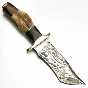 Custom Hand Forged Damascus Steel Hunting <b>Knife</b> With Deer Antler Brass Guard Camping <b>Knife</b> Leather Sheath Direct Factory Supply - Product Image 6
