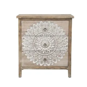 Wholesale <b>Wooden</b> <b>Storage</b> Antique Style Rustic Solid Wood Carved Mango Wood <b>Chest</b> with 3 Drawer for Living Room - Product Image 4