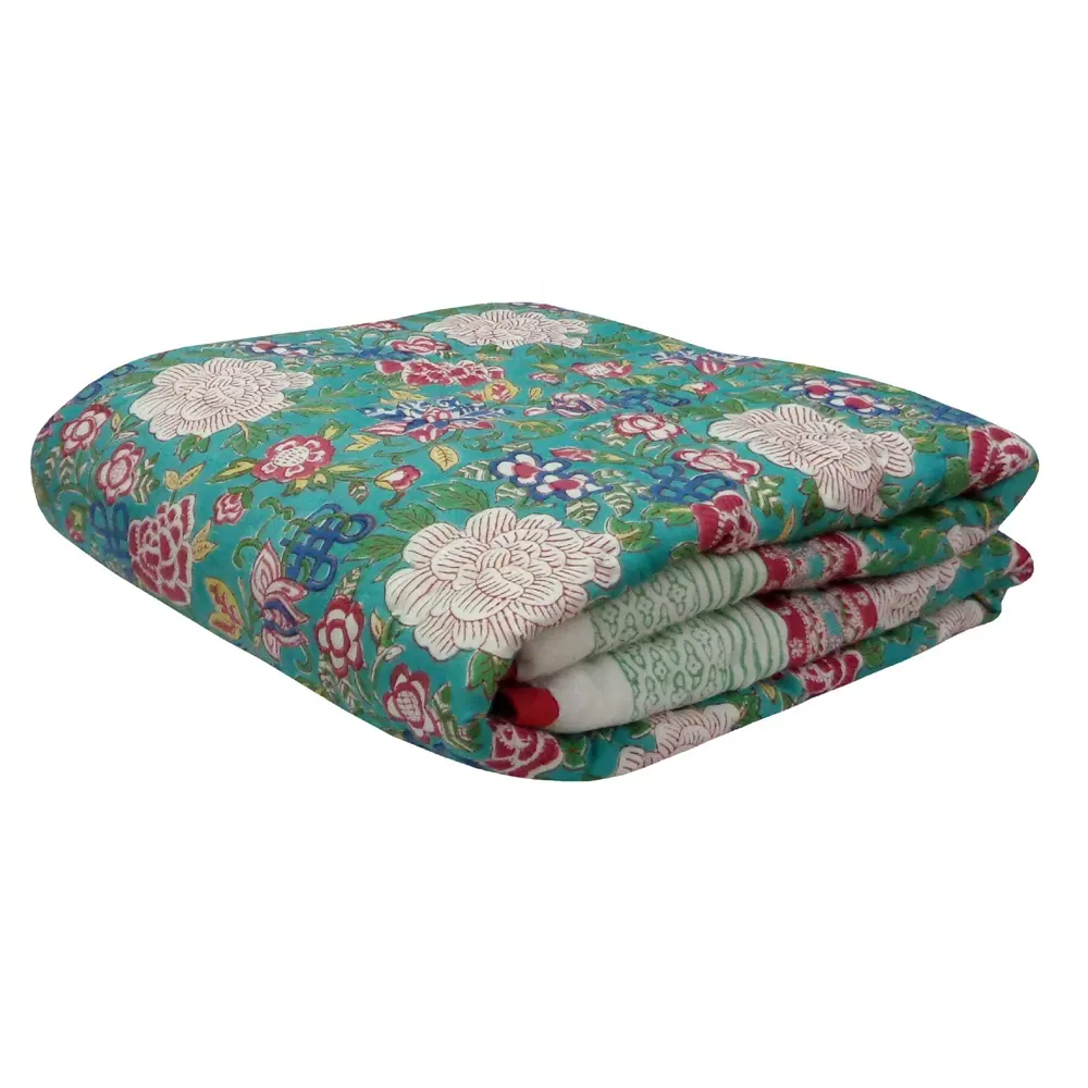 Floral canvas jade for toddler hand block printed soft cotton baby size quilt