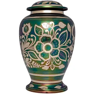 Solid Brass Metal Cremation Adult Urns for Human Ashes Green Funeral Urns Floral Emerald Burial Memorial Urns in low Price