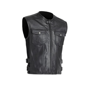 Plus-Size Motorcycle Sleeveless Breathable Men's Zippers Genuine Pu <b>Leather</b> Bikers Motorbike <b>Black</b>-Collarless Vests - Product Image 1