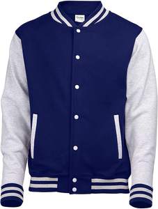 Veste universitaire en laine enduite de haute qualité pour hommes et femmes, col montant, bouton couvert, manches contrastées, poches avant - Product Image 2