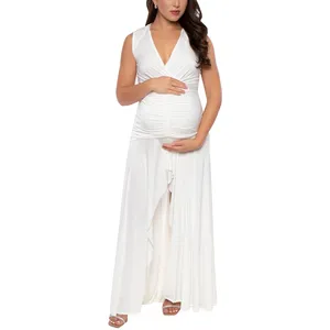 Robe de maternité haute et basse, robe de maternité en dentelle ivoire, en mousseline de soie pour femmes enceintes