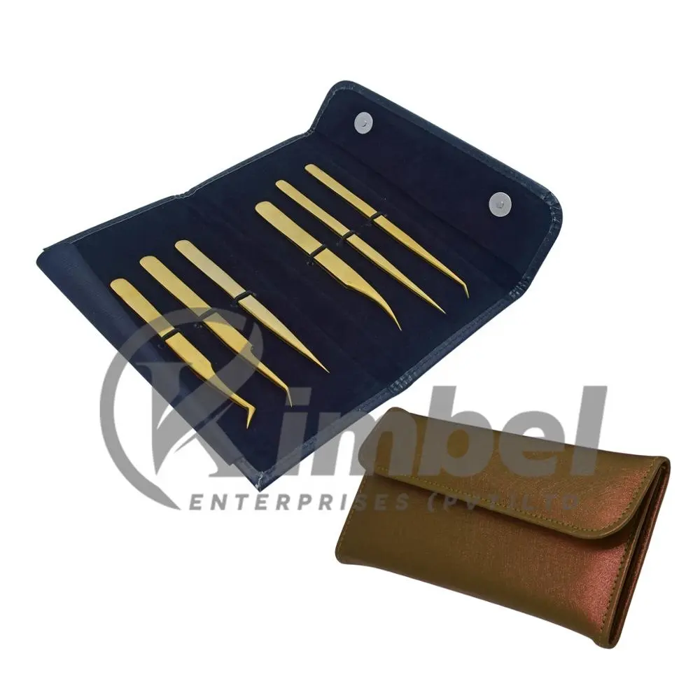 Pinzas de extensión de pestañas Plasma Gold, juego con funda bajo tu propio Logo, 6 unidades