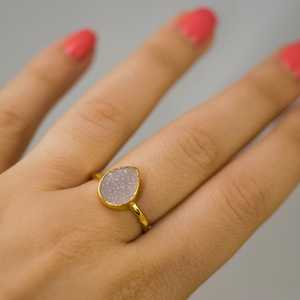 แหวนเงินแท้สีทอง92.5ทำมือรูปหยดน้ำแร่อัญมณีสีขาวขัดเงาขายส่ง - Product Image 3