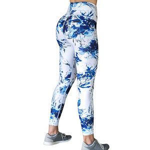 Leggings Personalizados OEM con Estampado Floral, Cintura Media, Largura hasta el Tobillo, Tejido Elástico de Algodón y Fibra de Bambú, Pantalones Casuales Azules y Blancos para Mujer - Product Image 1