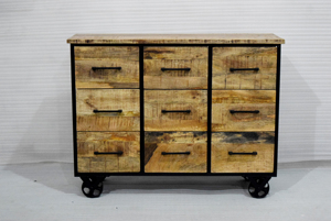 Meubles de style vintage en bois de manguier et fer roulettes 9 tiroirs armoire de salon pour la maison stockage salon table d'appoint - Product Image 2