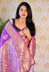 Sari en soie de litchi doux, blanc et bleu, avec broderie zari, sari traditionnel indien, sari en soie Banarasi Kanchipuram Royal Expo - Product Image 4