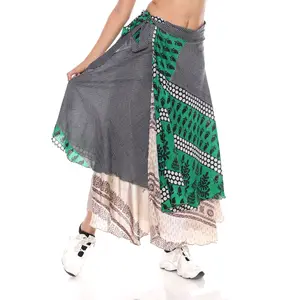 Saia reversível duas camadas vintage sari, saia envoltória para mulheres