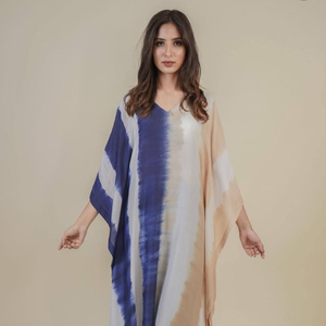 Hecho a mano Tie-Dye Kaftan Mujeres Cómodo XS Cuello en V Cubierta de playa Patrón de tela de algodón Mangas cortas Ajuste suelto Vacaciones - Product Image 1