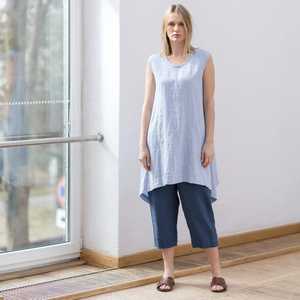 Fashionable trending latest design Light Blue color crepe fabric o-neck sleeveless mini length for sexy <b>women</b> <b>linen</b> <b>dress</b> - Product Image 1