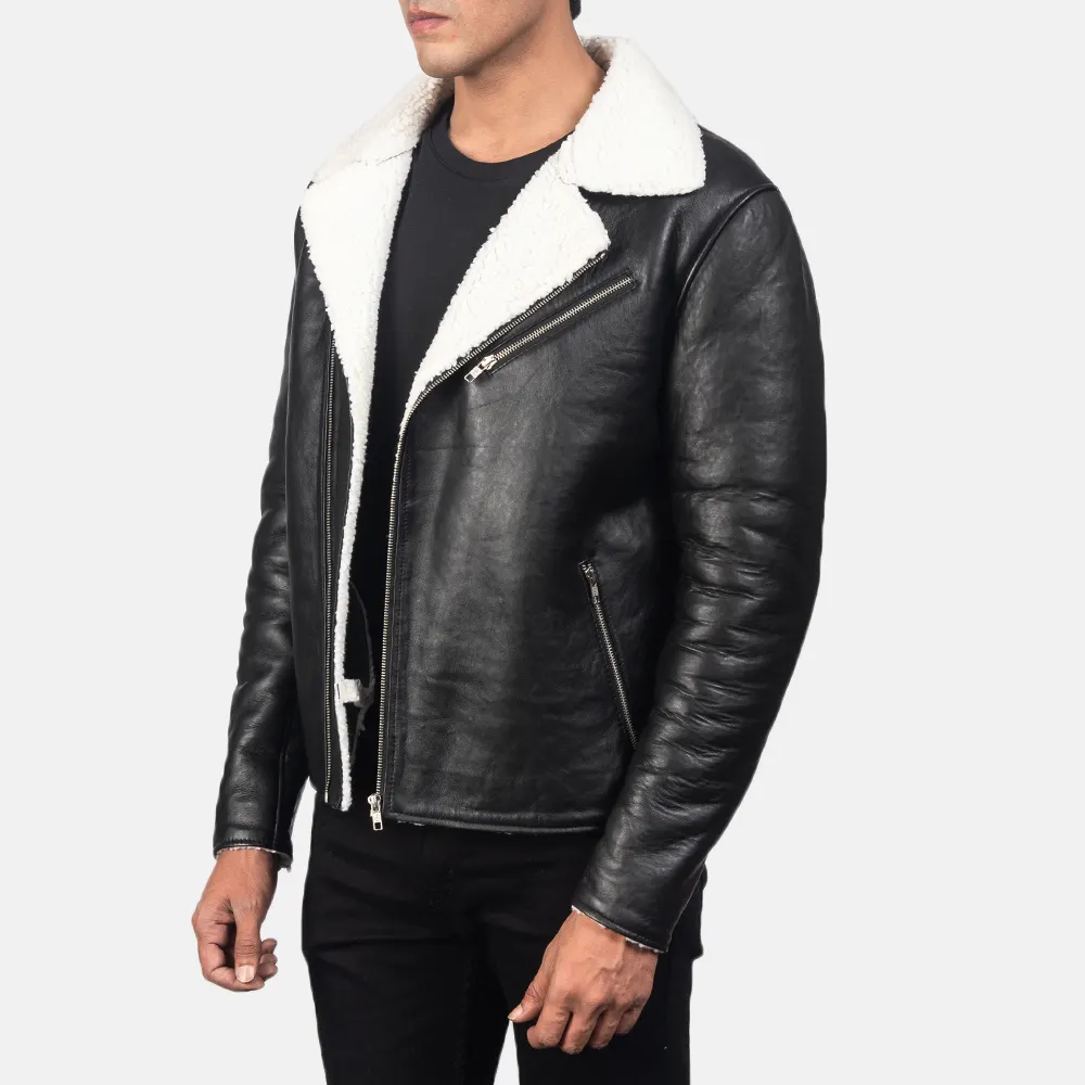 Trendy Men Winter White Shearling Black Leather Jacket / Leather Jacket for Men / White Shearling Leather Jacket