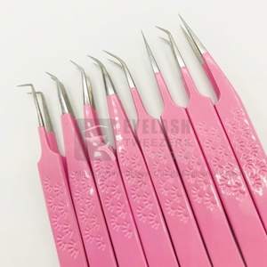 Pinzas para Extensión de Pestañas de Acero Inoxidable Sostenible con Logotipo Personalizado, 45, 75 y 90 Grados, Color Rosa Bebé, Puntas de Fibra para Volumen - Product Image 1