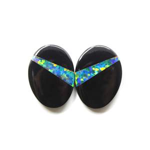 Boucles d'oreilles Bello en opale de feu synthétique et onyx noir doublet, taille ovale 25x18MM, pierres précieuses naturelles en vrac, paire de haute qualité - Product Image 2