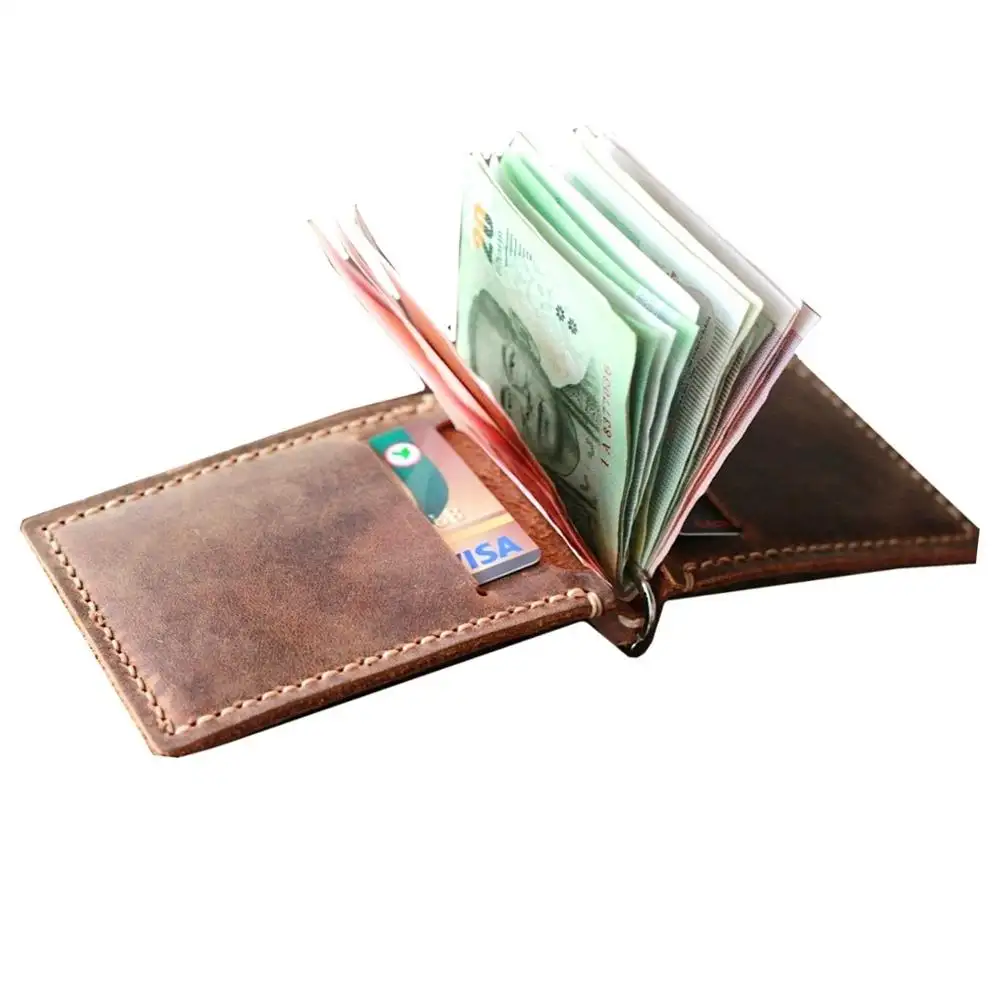 Dompet kulit asli pemblokir RFID, dompet lipat dua ramping dengan saku kartu kredit di dalam