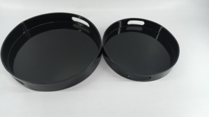 Modern Glossy <b>Black</b> Round Wooden <b>Serving</b> <b>Tray</b> with Handles Kitchen Coffee Table Decor <b>Tray</b> - Product Image 5