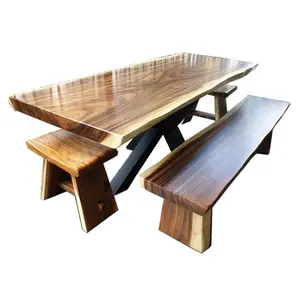 Meja Makan dengan Bangku dan Bangku, Set Taman Furnitur Luar Ruangan Kayu Indonesia