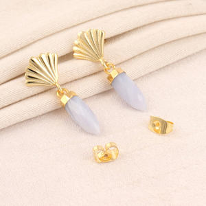 Boucles d'oreilles pendantes en agate bleue naturelle vintage de Bohème faites à la main en plaqué or pour - Product Image 4