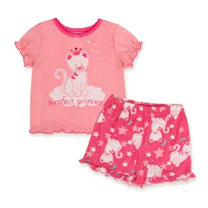 Summer Kids Spring Short Sleeve 2 Piece Baby Clothing Custom PJS OEM Cat Kitten Cartoon Pajama for Girl