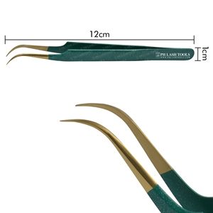 แหนบสเตนเลสพร้อมปลายโค้งสำหรับต่อขนตา,แหนบต่อขนตาสีทองและสีเขียวพร้อมโลโก้ของคุณเอง - Product Image 5