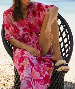 女装乔其纱数码印花腰带短袖沙滩粉色卡夫坦连衣裙遮盖加大码连衣裙