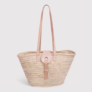 Cesta de paja moderna y elegante con correas de cuero negro y correa superior con cierre, cesta de mercado francesa - Product Image 1