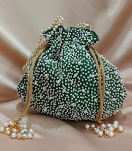 2021 New Collection! Elegant Silk Potli <b>Bag</b> with Zari Embroidery and <b>Pearls</b> for Parties & Weddings - Product Image 1