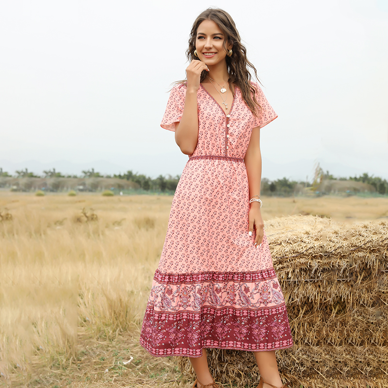 Dropshipping new arrivals summer fashion deep V neck bohemian floral print women dress