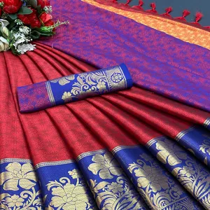 Sutra Katun Mercerisasi Murni Dalam Desain Perbatasan Eksklusif Saree Blus Serasi Kontras dengan Palet Kontras dengan Tussar Sari