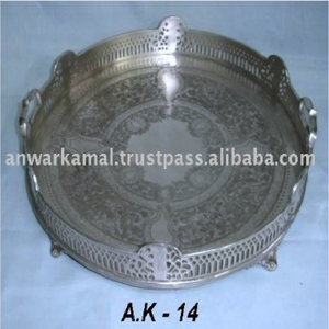 Plateau à thé à café en laiton argenté de haute qualité plateau de service de fête de jardin de forme ronde avec poignée - Product Image 3