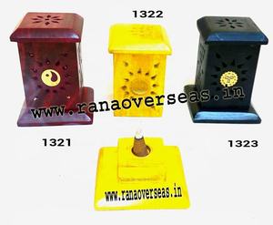 Brûleur de bâtons d'encens décoratifs en bois et porte-cône faits à la main avec Yin Yang et Design d'incrustation en laiton Sun - Product Image 1