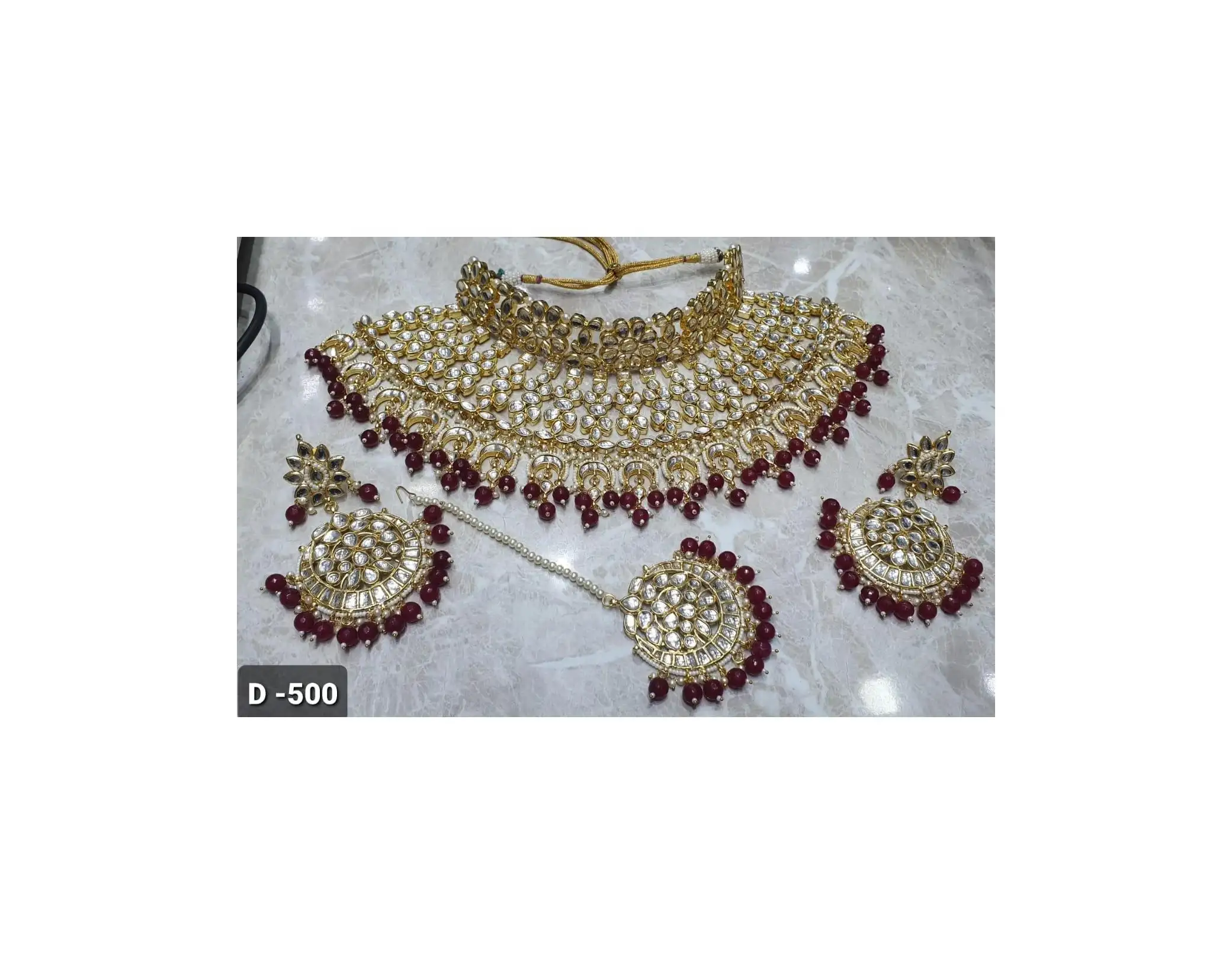 Handgemachte indische 22KT vergoldete Kundan Braut Halskette mit roten Tropfen künstlichen Schmuck Set (Collier) WhatsApp-()