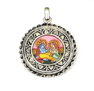 Indù Signore Radha Krishna Miniatura Arte Artigianale Pittura In Miniatura di Arte 925 Sterling Silver Spirituale Del Pendente Dei Monili