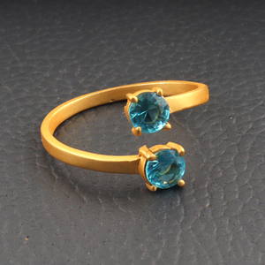 Bijoux fantaisie minuscule rond quartz bleu suisse double pierre réglable déclaration anneau plaqué or terne broche ensemble avant anneaux ouverts - Product Image 5