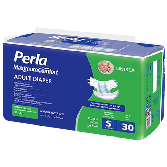 PERLA Best Performance Adult Diaper Ultra Thin Leak Guard Printed Stretch Sides Non Woven Fabric Small Size 30 PCS Economic Pack