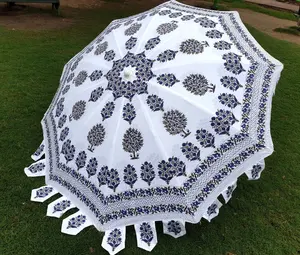 白色和蓝色雨伞拉贾斯坦巴格鲁印花阳伞户外花园伞沙滩伞
