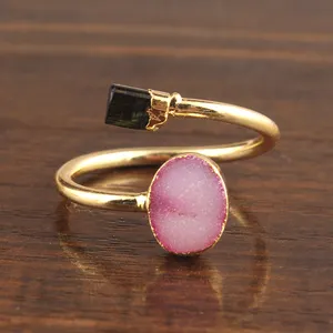 时尚宝石戒指天然生绿色电气石戒指镀金可调戒指手工堆叠男女饰品