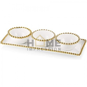 Compartimiento de 3 secciones con borde de tapa blanca y dorada, bandeja elegante con cuentas doradas, bandeja curva de lujo - Product Image 2