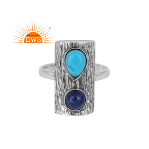 Oxidized 925 Sterling Silver Natural <b>Lapis</b> <b>Lazuli</b> And Turquoise Gemstone Bark Design Stackable <b>Ring</b> Jewelry For Women - Product Image 1