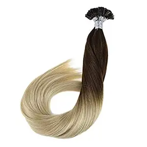 Aplique de cabelo humano com queratina, liso, pré-adesivo, cor ombré, marrom escuro a loira platina, imperdível