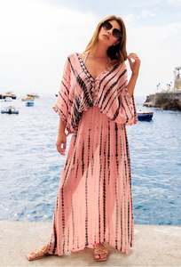 New Summer Women Clothing Kaftan Manufacturers India Long Sleeve V-<b>neck</b> <b>Tie</b> Dye Kaftan Beach Clothing Kaftan Dress - Product Image 2